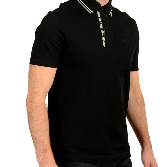 Versace Men's Black Logo Embroidery Short Sleeve Polo Shirt US L IT 52 - Picture 2 of 6